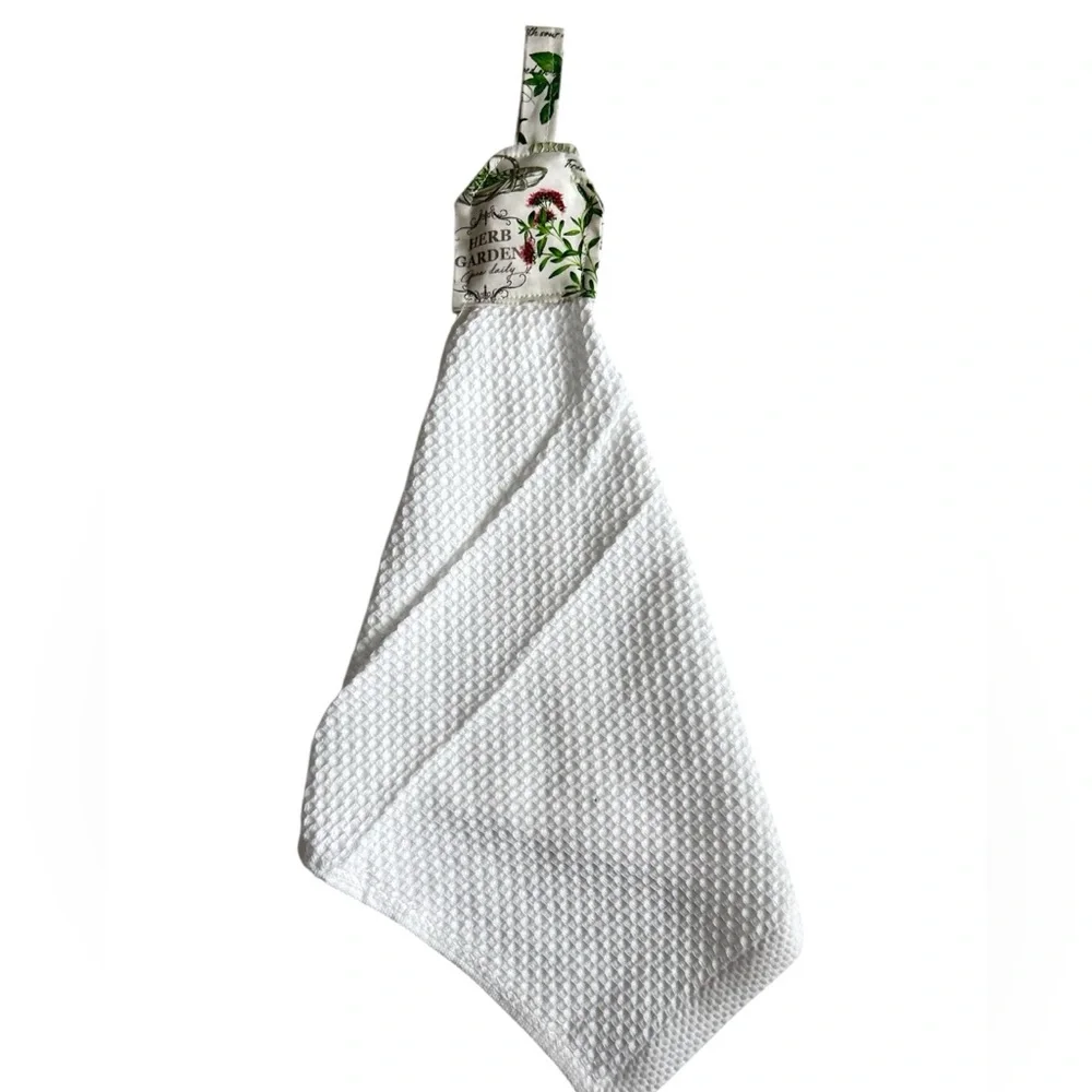 Hand Crafted Garden Herbs White Hanging Kitchen Hand Towel 100% Cotton